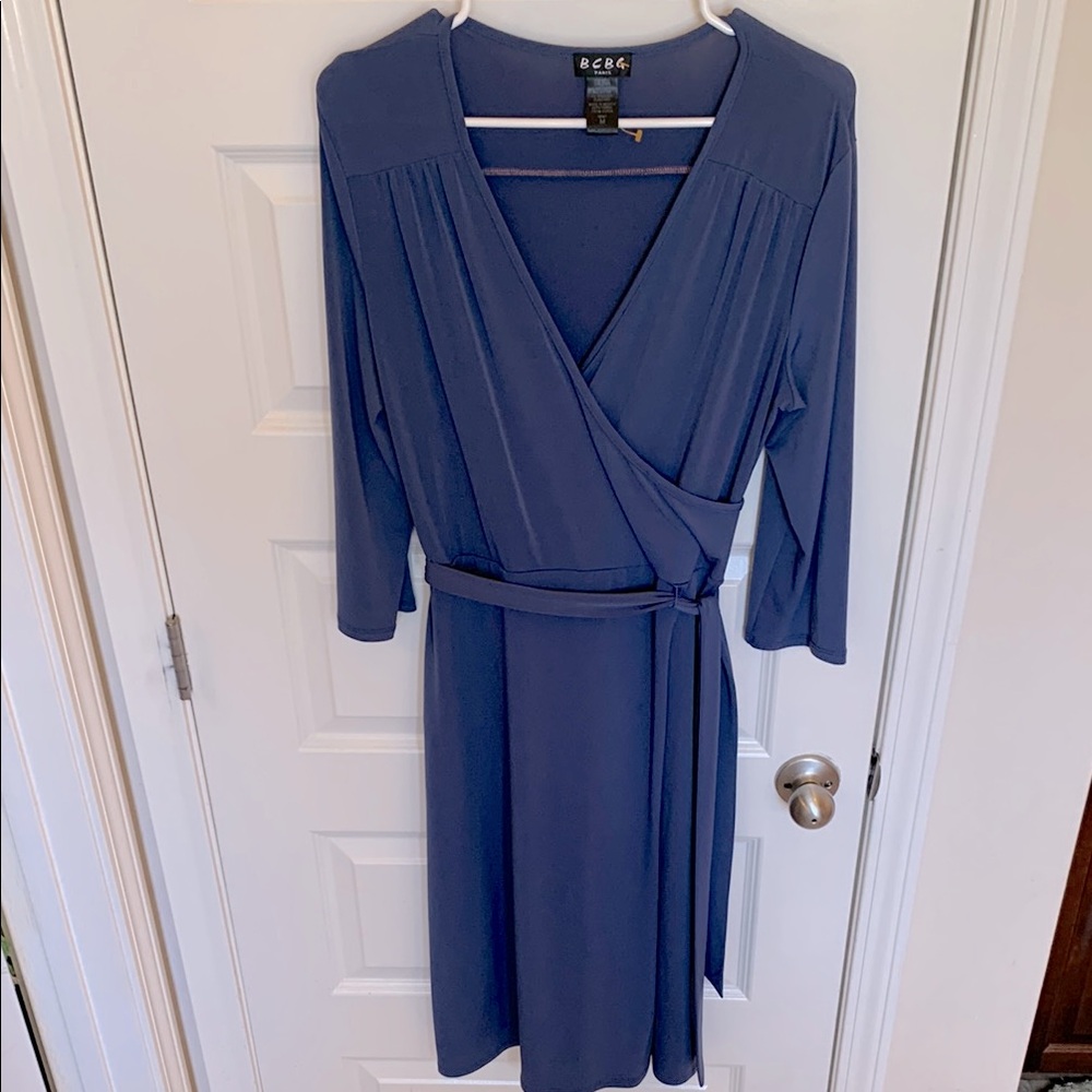 BCBG Blue Wrap Sheath Dress with Dolman Sleeves